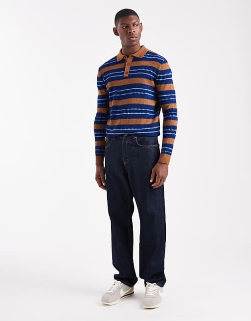 DESIGN Relaxed Knitted Stripe Polo In Tan