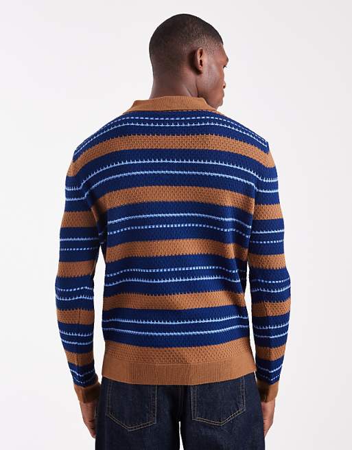DESIGN Relaxed Knitted Stripe Polo In Tan