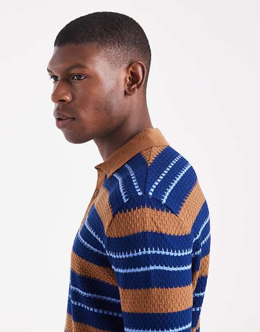 DESIGN Relaxed Knitted Stripe Polo In Tan