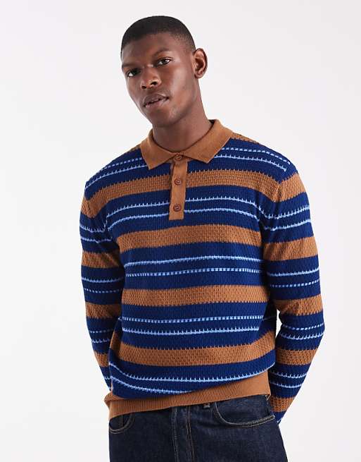 DESIGN relaxed knitted stripe polo in tan