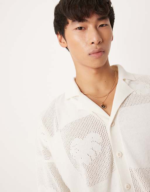 DESIGN Relaxed Knitted Textured Floral Button Through Polo In Cream