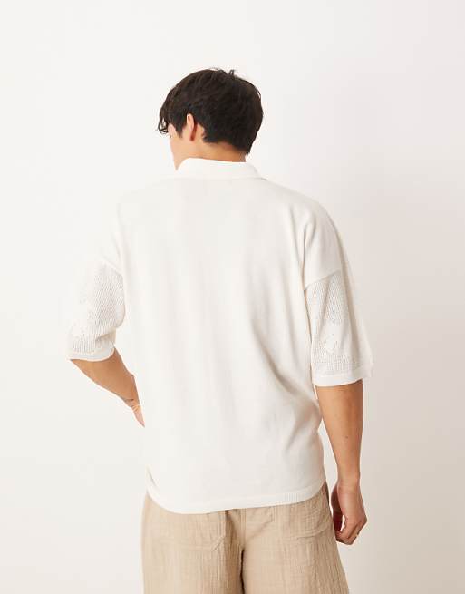 DESIGN Relaxed Knitted Textured Floral Button Through Polo In Cream