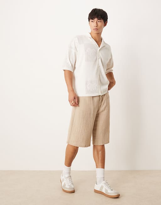 DESIGN Relaxed Knitted Textured Floral Button Through Polo In Cream