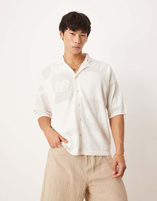 DESIGN relaxed knitted textured floral button through polo in cream