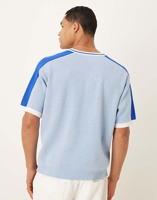 DESIGN Relaxed Knitted V-neck T-shirt With Euphoria Graphic In Light Blue