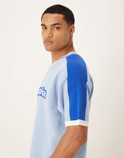 DESIGN Relaxed Knitted V-neck T-shirt With Euphoria Graphic In Light Blue