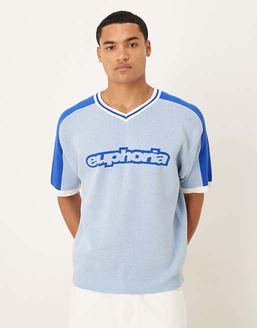 DESIGN relaxed knitted v-neck t-shirt with Euphoria graphic in light blue