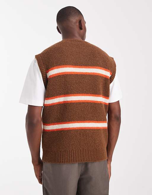 DESIGN Relaxed Knitted Vest In Brown And Orange Stripe