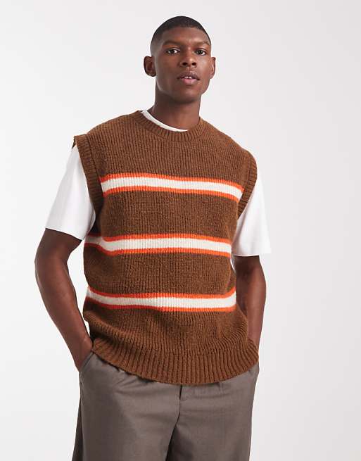 DESIGN relaxed knitted vest in brown and orange stripe