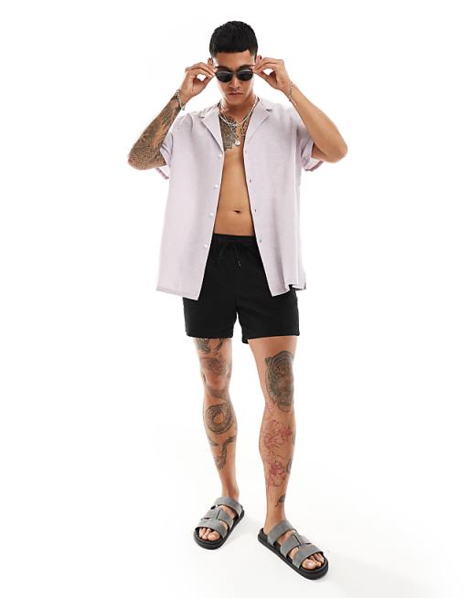 DESIGN Relaxed Linen Blend Shirt With Deep Revere Collar In Lilac