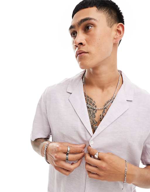 DESIGN Relaxed Linen Blend Shirt With Deep Revere Collar In Lilac