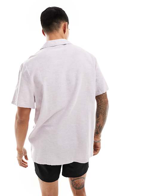 DESIGN Relaxed Linen Blend Shirt With Deep Revere Collar In Lilac