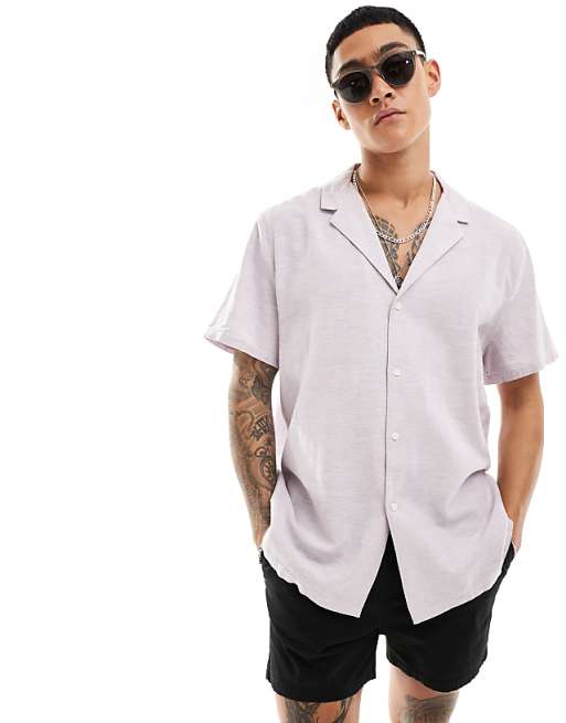 DESIGN relaxed linen blend shirt with deep revere collar in lilac