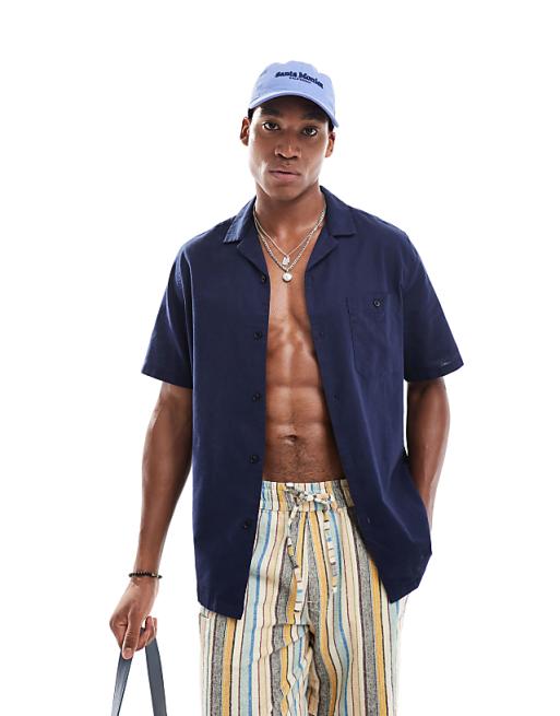 DESIGN Relaxed Linen Blend Shirt With Revere Collar In Navy