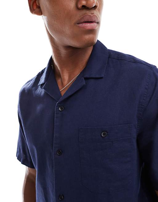 DESIGN Relaxed Linen Blend Shirt With Revere Collar In Navy