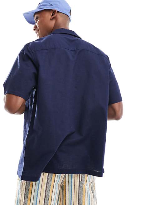 DESIGN Relaxed Linen Blend Shirt With Revere Collar In Navy