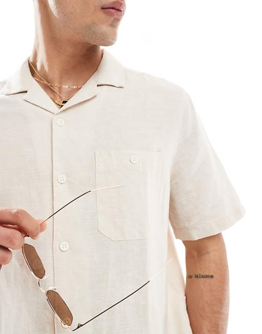 DESIGN Relaxed Linen Shirt With Revere Collar In Ecru