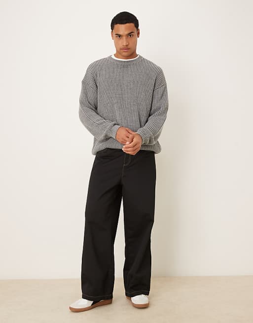 DESIGN Relaxed Long Sleeve Knitted Crew Neck Stripe Jumper In Charcoal