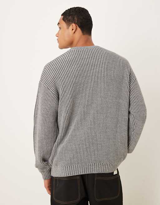 DESIGN Relaxed Long Sleeve Knitted Crew Neck Stripe Jumper In Charcoal