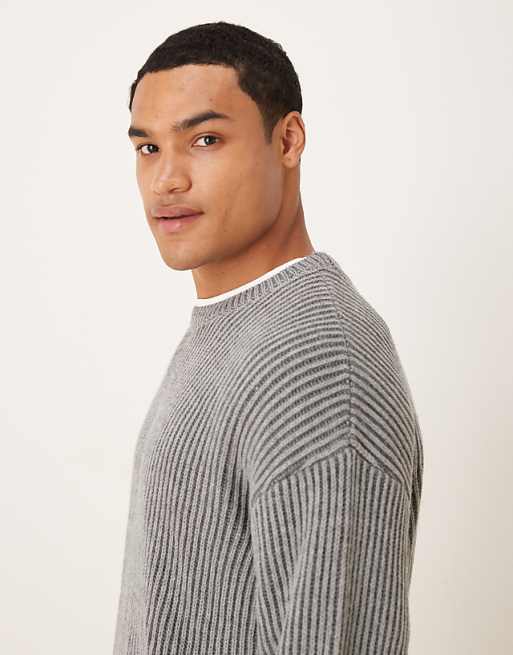 DESIGN Relaxed Long Sleeve Knitted Crew Neck Stripe Jumper In Charcoal
