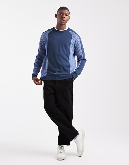 DESIGN Relaxed Long Sleeve Knitted Crew Neck Jumper With Raglan Sleeve In Navy