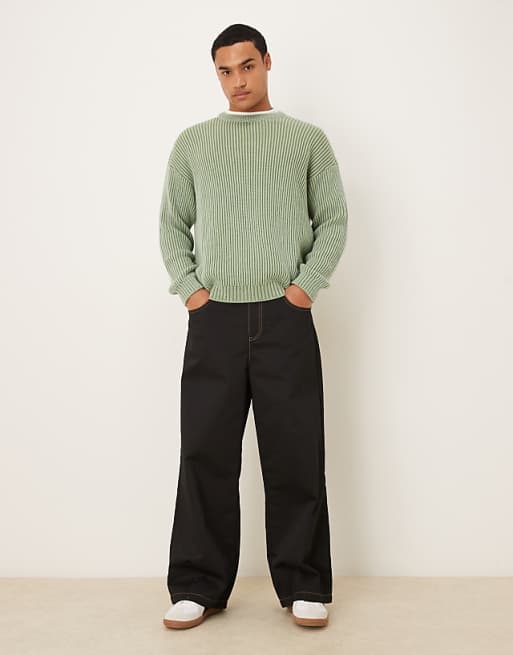 DESIGN Relaxed Long Sleeve Knitted Crew Neck Stripe Jumper In Khaki