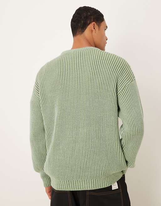 DESIGN Relaxed Long Sleeve Knitted Crew Neck Stripe Jumper In Khaki