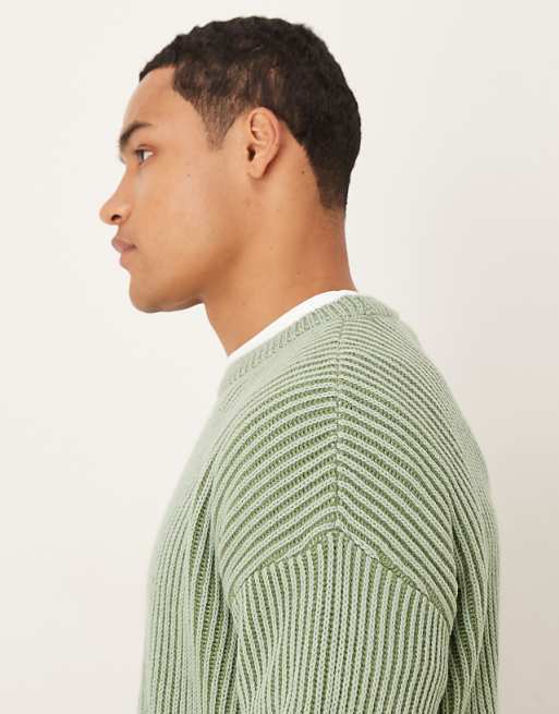 DESIGN Relaxed Long Sleeve Knitted Crew Neck Stripe Jumper In Khaki