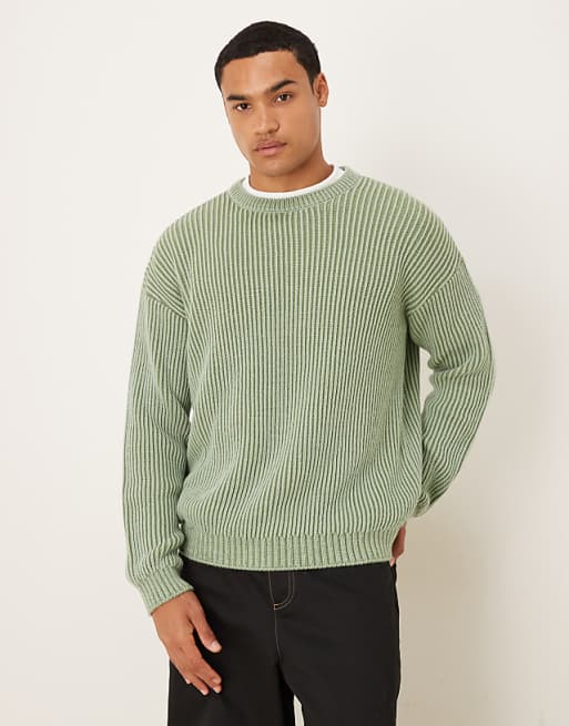 DESIGN relaxed long sleeve knitted crew neck stripe jumper in khaki