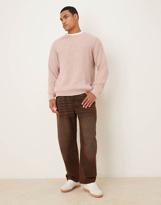 DESIGN Relaxed Long Sleeve Knitted Crew Neck Stripe Jumper In Pink