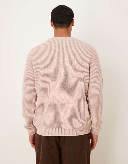 DESIGN Relaxed Long Sleeve Knitted Crew Neck Stripe Jumper In Pink