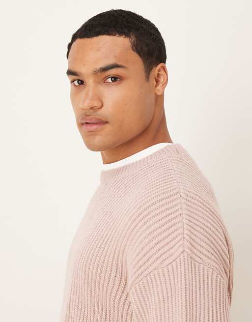 DESIGN Relaxed Long Sleeve Knitted Crew Neck Stripe Jumper In Pink