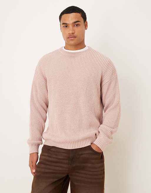 DESIGN relaxed long sleeve knitted crew neck stripe jumper in pink