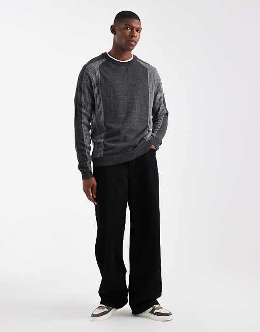 DESIGN Relaxed Long Sleeve Knitted Crew Neck Jumper With Raglan Sleeve In Grey