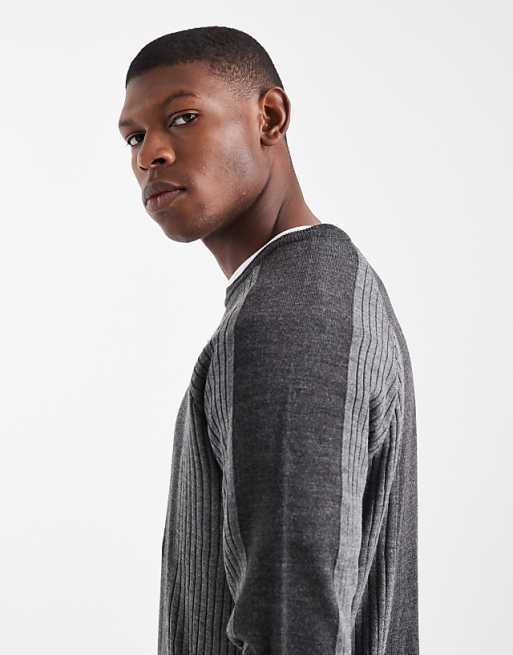 DESIGN Relaxed Long Sleeve Knitted Crew Neck Jumper With Raglan Sleeve In Grey