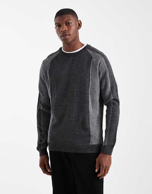 DESIGN relaxed long sleeve knitted crew neck jumper with raglan sleeve in grey