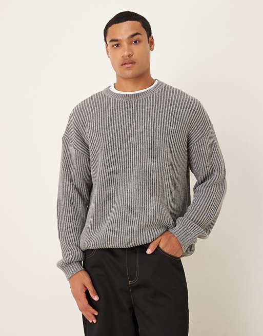 DESIGN relaxed long sleeve knitted crew neck stripe jumper in charcoal