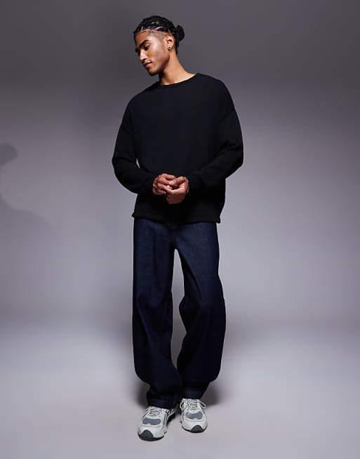 DESIGN Relaxed Long Sleeve Knitted Crew Tee In Black