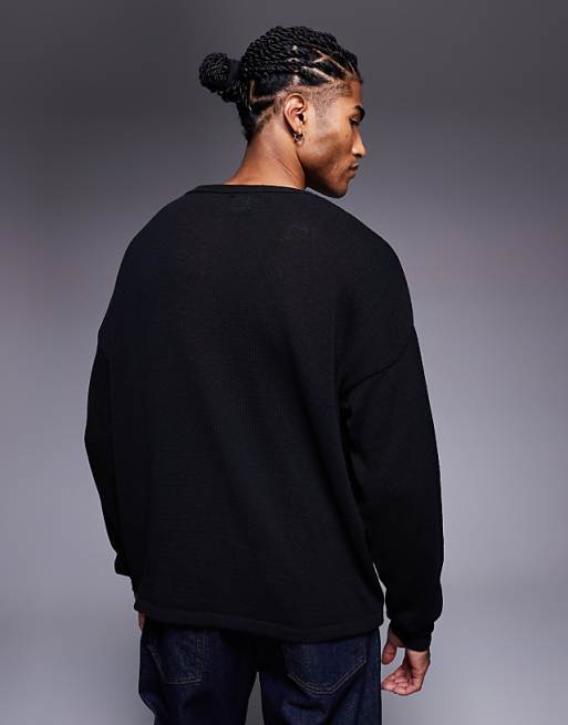 DESIGN Relaxed Long Sleeve Knitted Crew Tee In Black