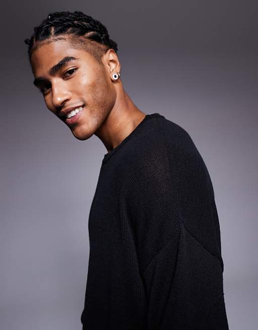 DESIGN Relaxed Long Sleeve Knitted Crew Tee In Black