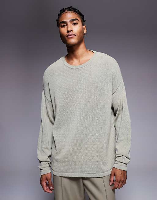 DESIGN Relaxed Long Sleeve Knitted Crew Tee In Khaki