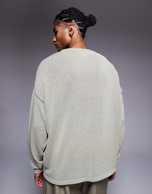 DESIGN Relaxed Long Sleeve Knitted Crew Tee In Khaki