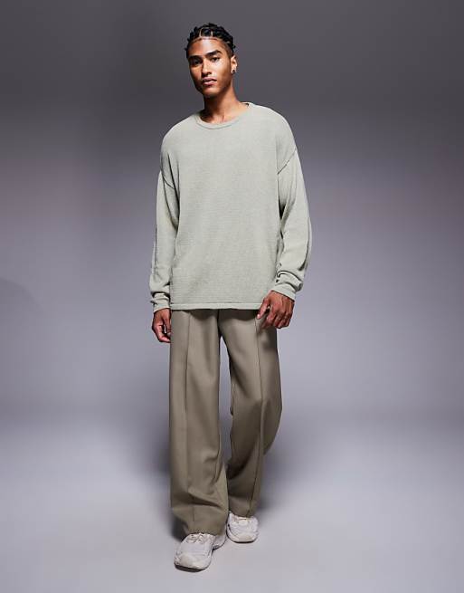 DESIGN relaxed long sleeve knitted crew tee in khaki