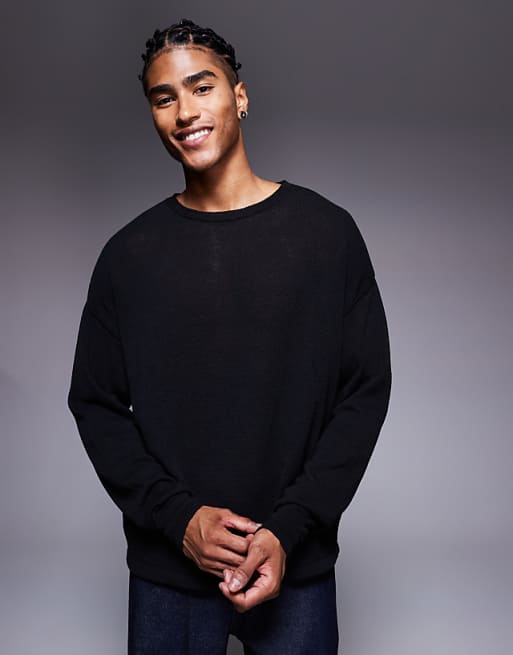 DESIGN relaxed long sleeve knitted crew tee in black