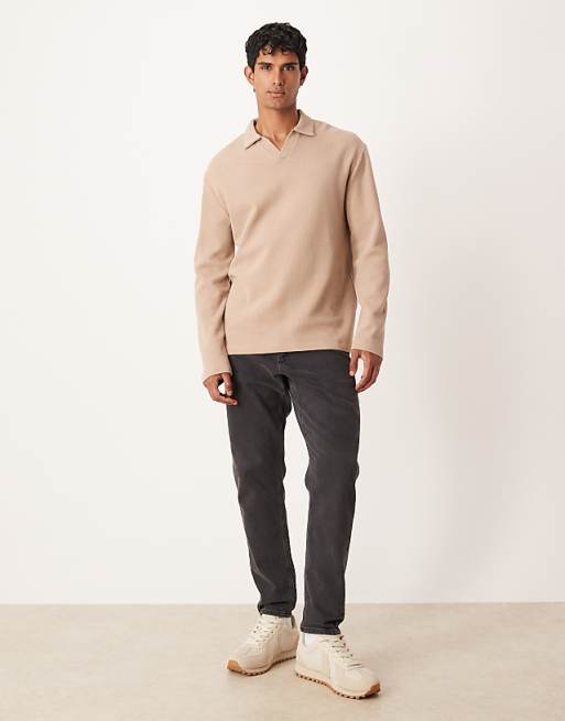 DESIGN Relaxed Long Sleeve Polo In Beige Waffle