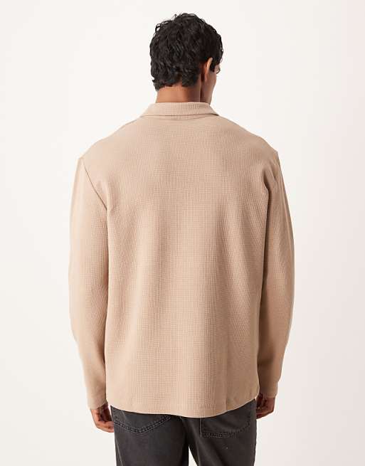 DESIGN Relaxed Long Sleeve Polo In Beige Waffle