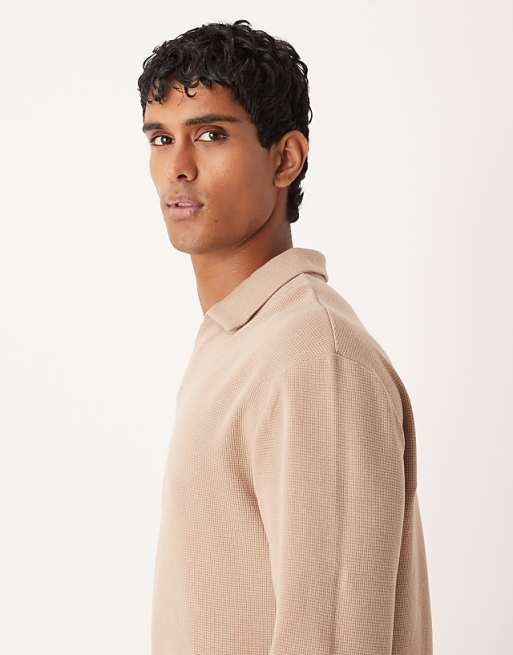 DESIGN Relaxed Long Sleeve Polo In Beige Waffle