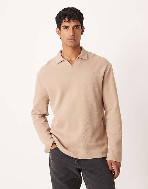 DESIGN relaxed long sleeve polo in beige waffle