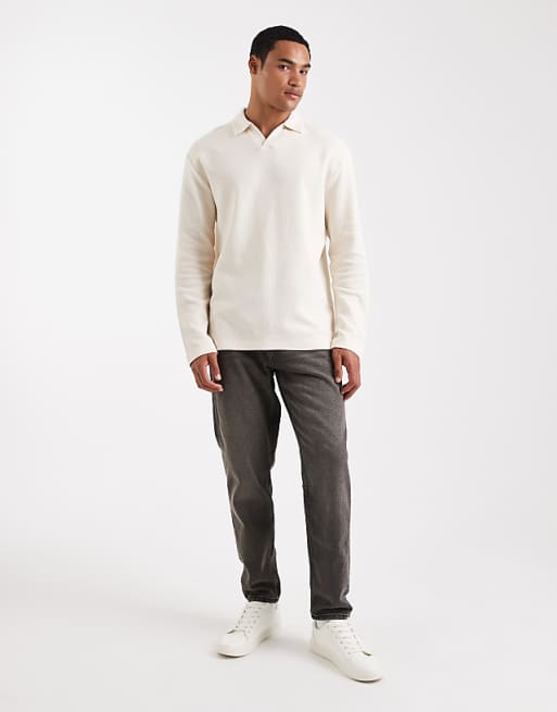DESIGN Relaxed Long Sleeve Polo In Cream Waffle