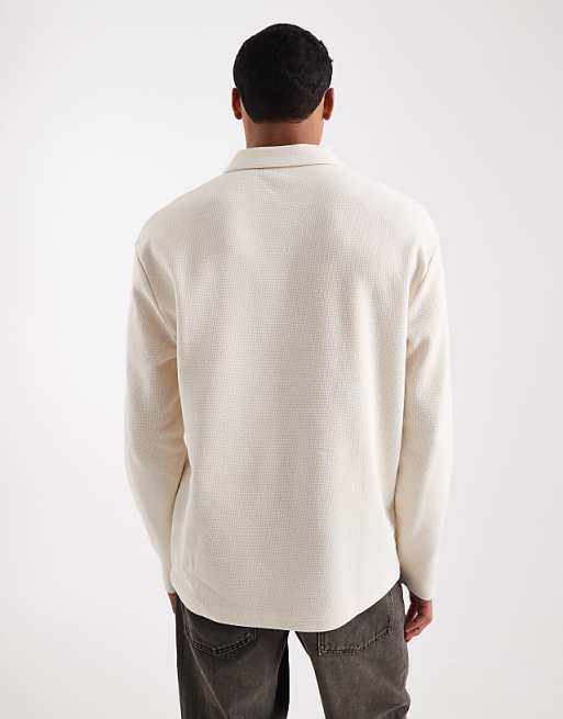 DESIGN Relaxed Long Sleeve Polo In Cream Waffle